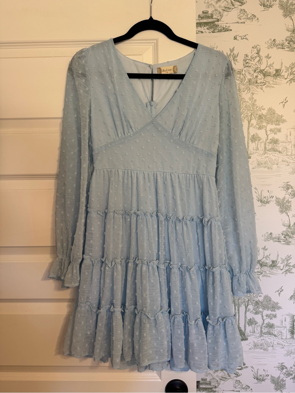 Altard State Light Blue Swiss Dot Tiered Long-Sleeve Dress